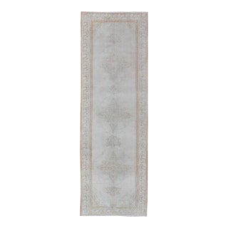 Turkish Oushak Runner in Pale Ice Blue, Ivory, and Faint Taupe Subtle Medallions For Sale