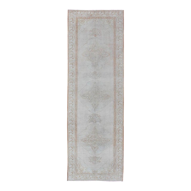 Turkish Oushak Runner in Pale Ice Blue, Ivory, and Faint Taupe Subtle Medallions For Sale