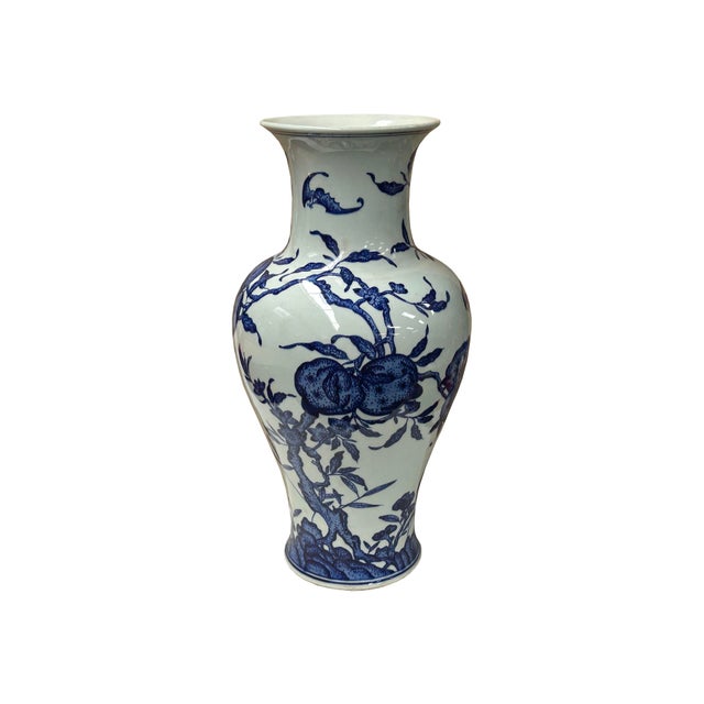 1980s Vintage Chinese Blue White Fruits Flowers Graphic Porcelain Art Vase For Sale - Image 5 of 13