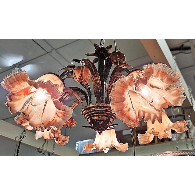 Venetian Italian Metal and Blown Glass Floral Chandelier For Sale - Image 4 of 15