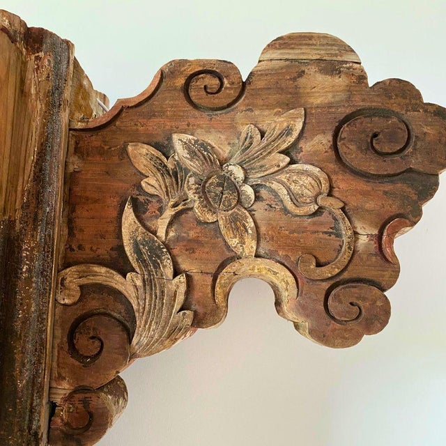 1920s c.1920 Chinese Polychrome Architectural Carved Wood Panel — Floral Motif Wall Art For Sale - Image 5 of 10