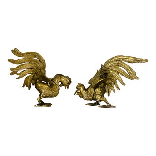 ‘Melani Mario Style’ Vintage Mid-Century Modern Hollywood Regency Solid Cast Brass Fighting Roosters/Cocks Sculptures- a Pair For Sale