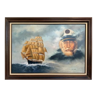 Late 20th Century Surreal Maritime Oil Painting Tall Ship & Sea Captain Portrait Signed B. Wilder For Sale