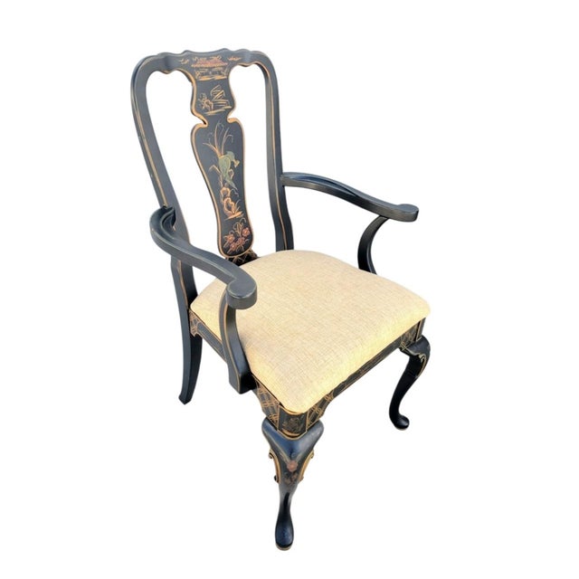 Black 1970s Hollywood Regency Hand Painted Chinoiserie Black Birds Scene Queen Anne Side Arm Chairs-a Pair For Sale - Image 8 of 13