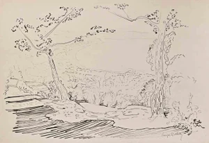 François Quelvée, Landscape, Ink Drawing, Mid-20th Century