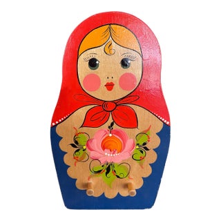 Vintage Hand-Painted Matryoshka Wooden Wall Hook Rack For Sale