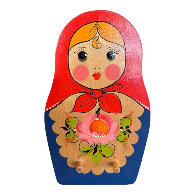 Vintage Hand-Painted Matryoshka Wooden Wall Hook Rack For Sale