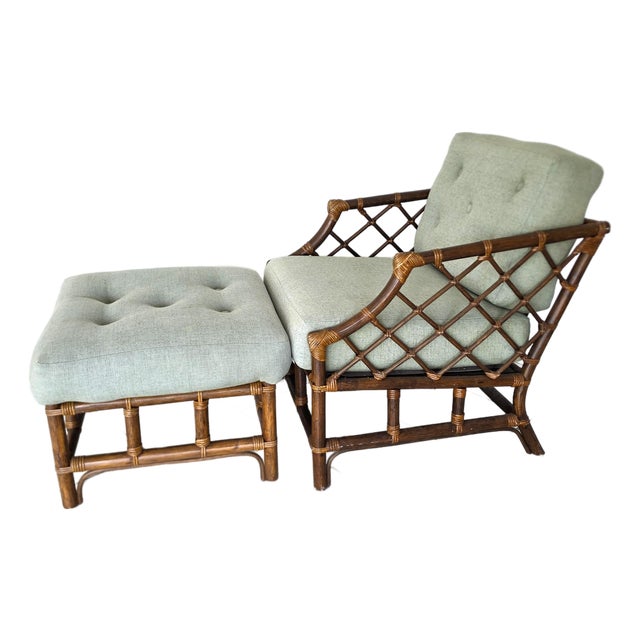 Vintage Chinese Chippendale McGuire Style Bamboo Rattan Lounge Chair & Ottoman For Sale