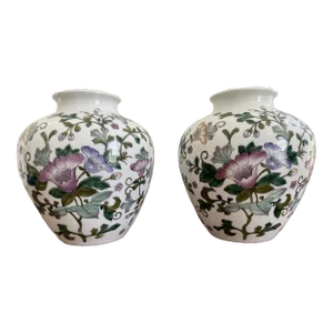 Vintage Asian Vases With Floral Motif - a Pair
