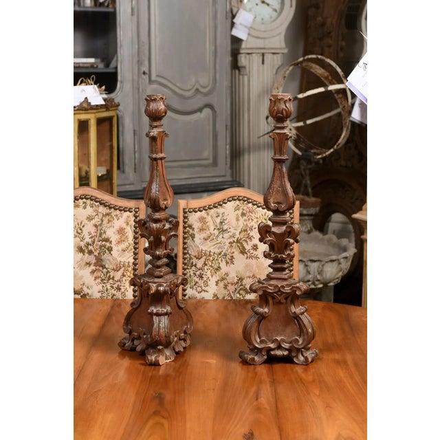 Italian 17th Century Baroque Period Altar Candlesticks with Carved Décor - A Pair For Sale - Image 4 of 12