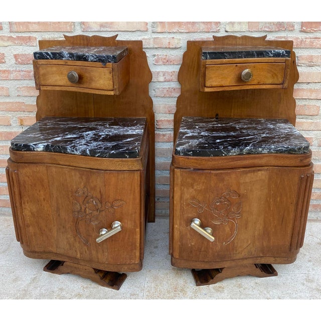1930s Pair of Art Deco Wood Bedside Tables With Marble Tops, Circa 1930 For Sale - Image 5 of 13
