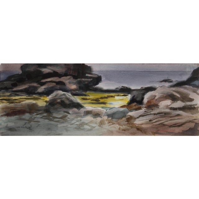 Rendered in neutral hues of brown and grey, Eve Nethercott's depiction of a tide pool somewhere along a rocky beach is...