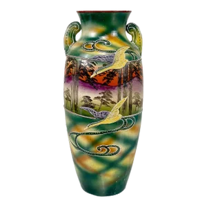 Vintage Japanese Porcelain Crane Bird Motif Handle Vase