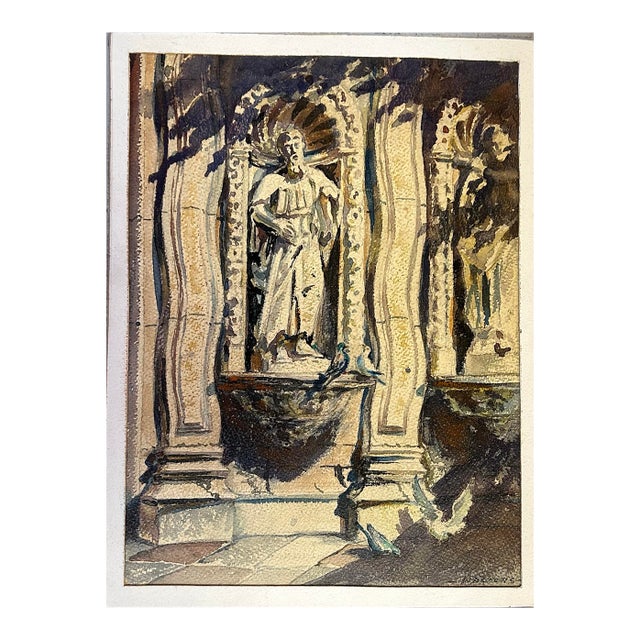 1970’s Original Impressionist Architectural Watercolor Painting “St. Paul & the Pigeons” For Sale