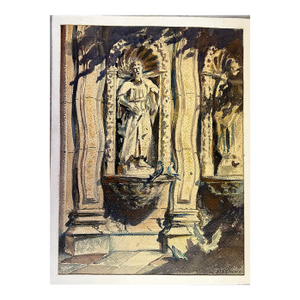 1970’s Original Impressionist Architectural Watercolor Painting “St. Paul & the Pigeons”