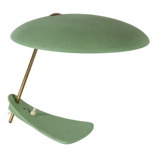 Italian UFO Table Lamp Dusty Green Lacquer Floating Foot in the style of Stilnovo, 1950s For Sale