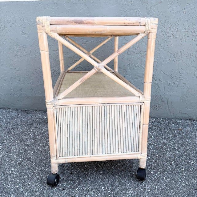 Boho Chic White Washed Bamboo Reed and Grass Cloth Bar Cart For Sale - Image 9 of 9