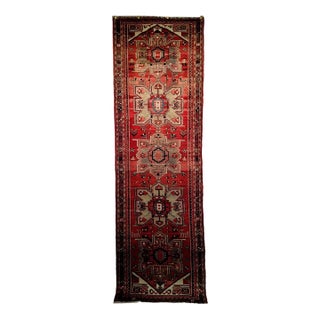 Vintage Persian Heriz Runner, Hand-Knotted Wool, Geometric Pattern, Red & Green, 3x10 For Sale