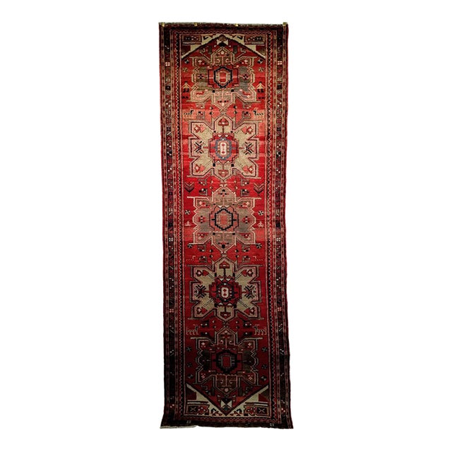 Vintage Persian Heriz Runner, Hand-Knotted Wool, Geometric Pattern, Red & Green, 3x10 For Sale