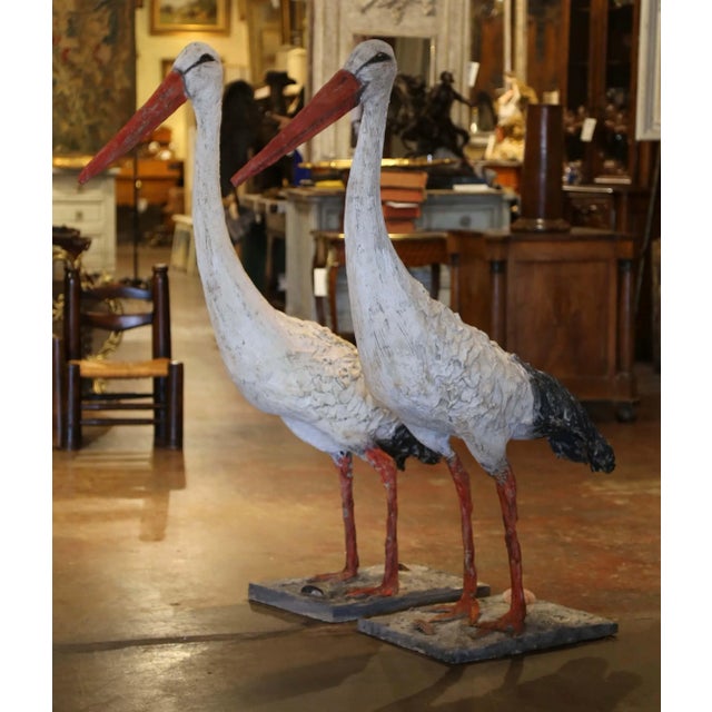 Pair of Early 20th Century French Painted Concrete Stork Garden Sculptures For Sale - Image 4 of 10