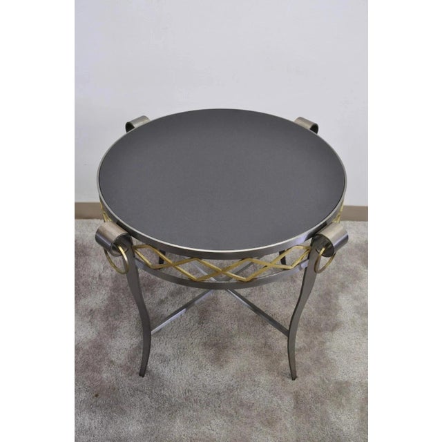Neoclassical Late 20th Century Neoclassical Maison Jansen Style Steel Black Marble Round Bouillotte Side Table For Sale - Image 3 of 12