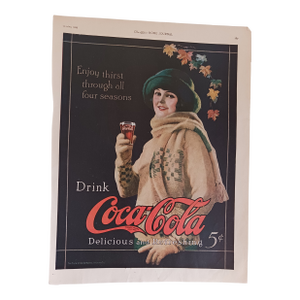 Antique Vintage Coca-Cola Full Page Ad "All Seasons" LHJ 1923 Lady Green Hat, Java Face Color