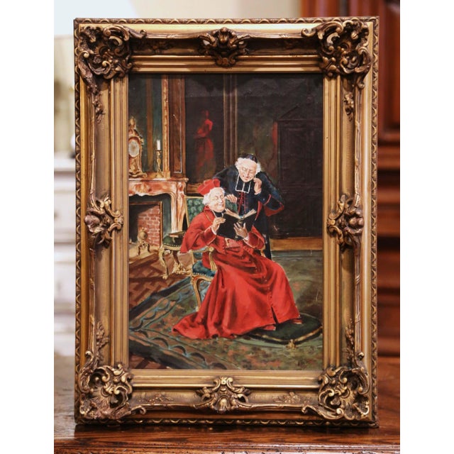 19th Century French Priest Oil Painting in Carved Giltwood Frame Signed M. Valle For Sale - Image 4 of 9