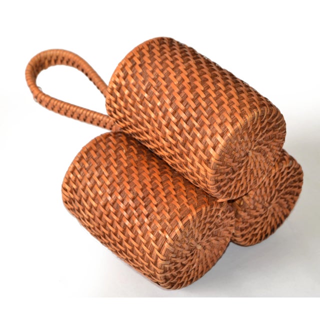 1990s Vintage 3-Bottle Rattan Wine Holder Caddy For Sale - Image 5 of 12