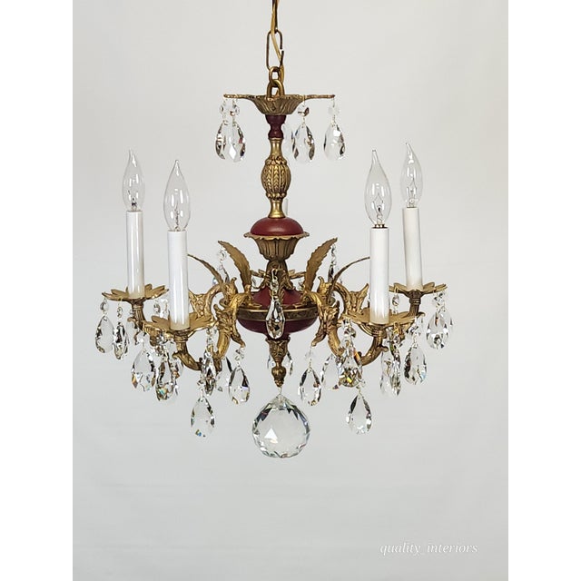Offered for your consideration is an original Antique 5 Arm Petite Oxblood Empire Brass Cut Lead Glass Crystal Chandelier....