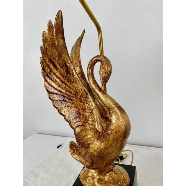 Brass Goldleaf Porcelain Swan Lamps on Wood Block Bases. For Sale - Image 8 of 12