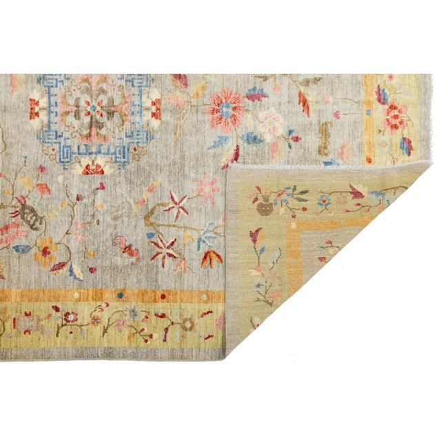 Hand-Knotted Modern Chinese Botanical Wool Area Rug - Slate Grey & Marigold For Sale - Image 4 of 11