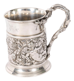 Antique Victorian Silver Plated Embossed and Engraved Mug from G R Collis, 1835