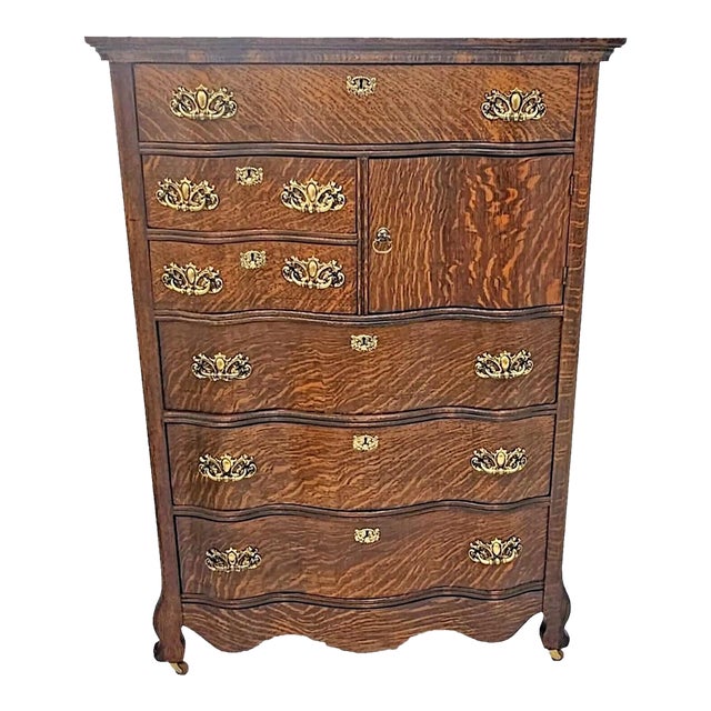 Vintage Victorian Tiger Oak Serpentine Highboy Dresser Chest Circa 1900's For Sale