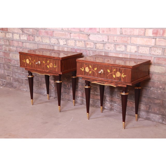 French Art Deco Macassar Ebony Inlaid Marquetry Nightstands, Circa 1950s For Sale - Image 13 of 13