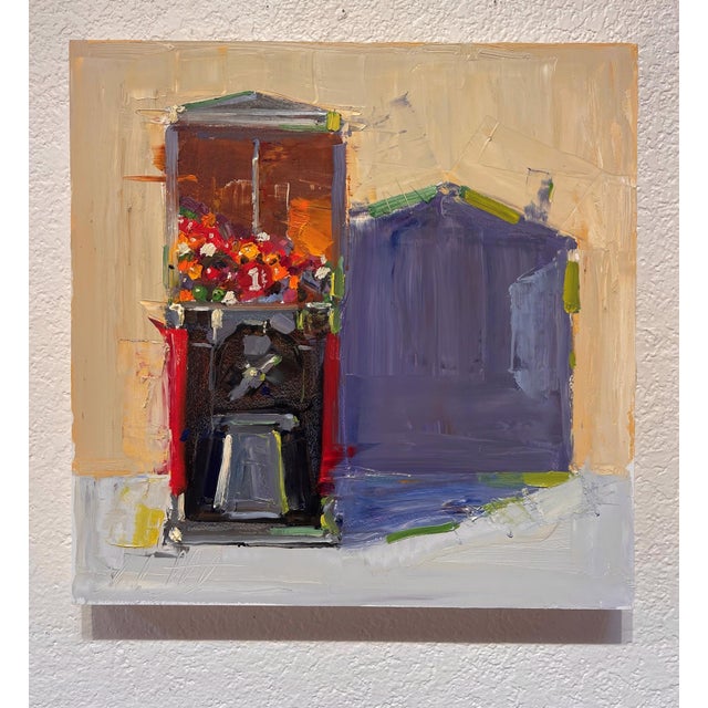 The artwork presents a bold, textured representation of a floral arrangement set against an abstract background. Vivid...
