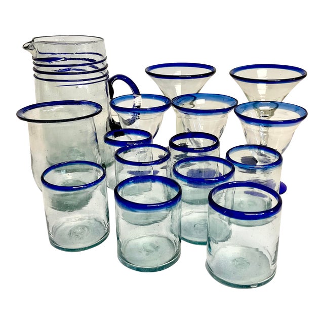 1970s Vintage Mexico Hand Blown Glass Bar Collection - 15 Piece Set. For Sale