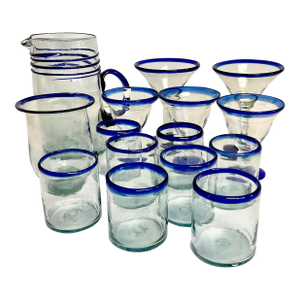 1970s Vintage Mexico Hand Blown Glass Bar Collection - 15 Piece Set.