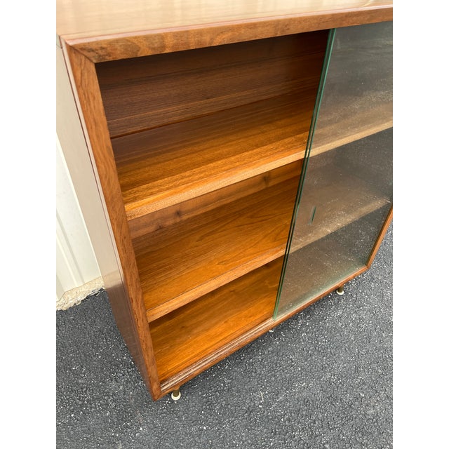 Mid Century Modern Walnut Bookcase With Sliding Glass Doors For Sale - Image 10 of 12