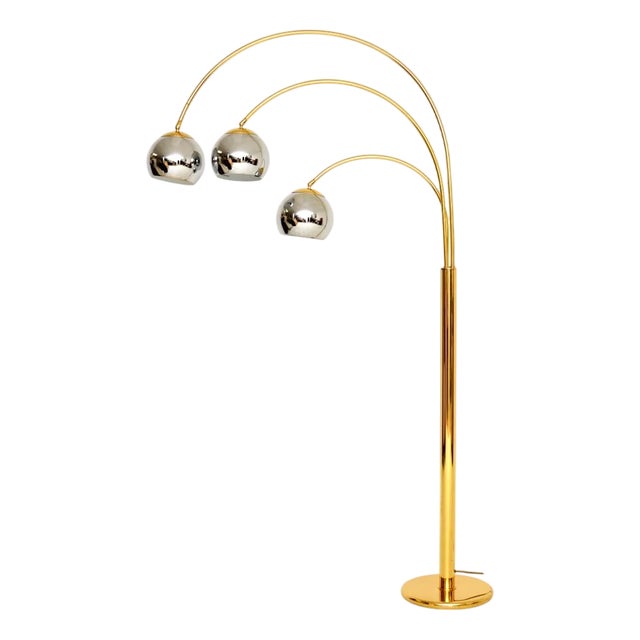 Vintage Italian Brass and Chrome Arc Floor Lamp, 1970s For Sale