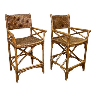 Bamboo & Leather X Base Counter Height Bar Stools in the Manner of McGuire - a Pair For Sale