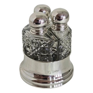 Art Deco Cut Glass Scent Bottles and Sterling Silver Stand, 1923, Set of 4 For Sale