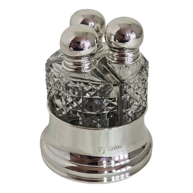 Art Deco Cut Glass Scent Bottles and Sterling Silver Stand, 1923, Set of 4 For Sale