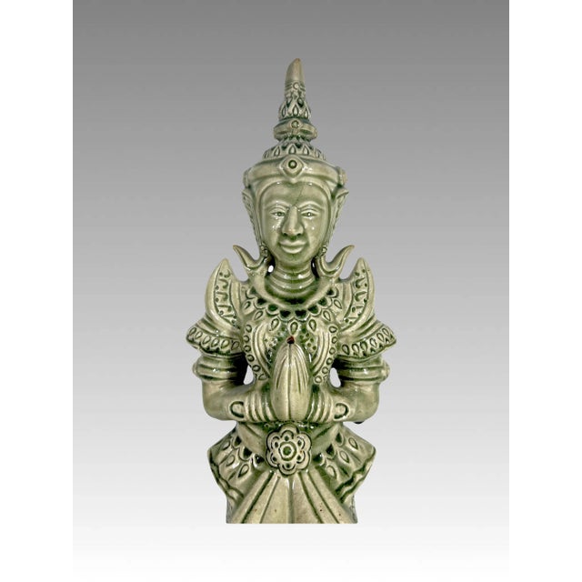 Metal Large Celadon Green Crackle Glaze Angel Figure, Kneeling Tappanom (Thailand) For Sale - Image 7 of 12