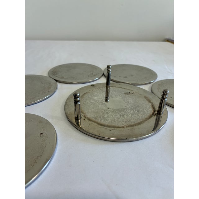Vintage Silver Engraved Coaster Set – Set of 6 Coasters With Holder For Sale - Image 9 of 13