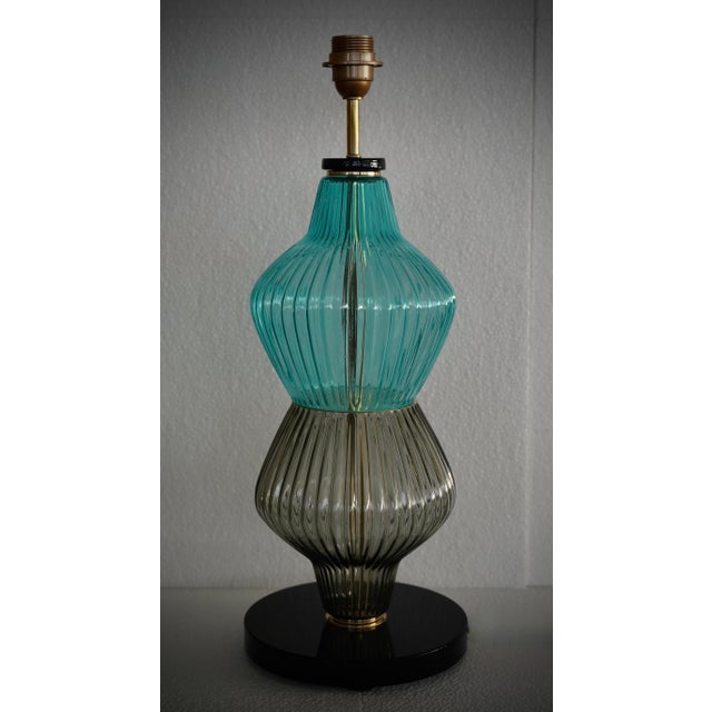 Metal Mid-Century Round Aqua Blue and Smoky Murano Art Glass and Brass Table Lamp, 2000 For Sale - Image 7 of 10