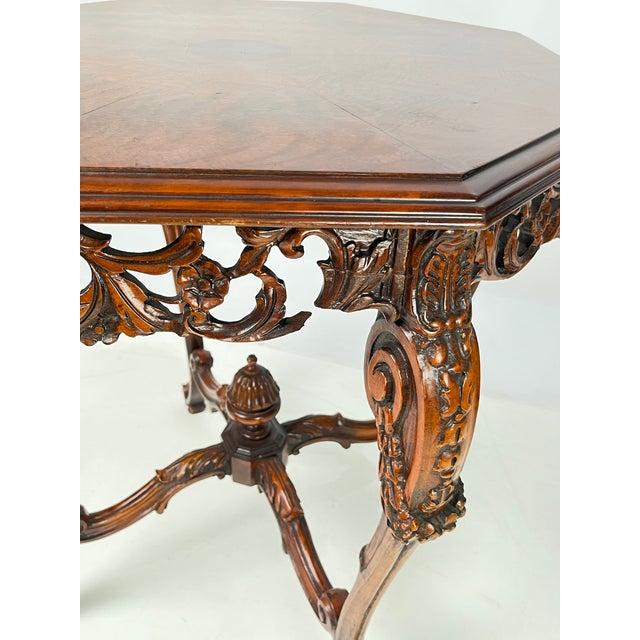 Rococo Revival Carved Walnut & Burl Octagonal Accent Table For Sale - Image 15 of 16