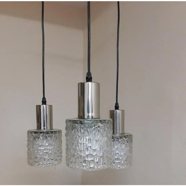 Three-Flame German Cascade Lamp with Black Metal Frame and Clear Relief Glass Umbrellas on Chrome-Plated Metall, 1960s, in...