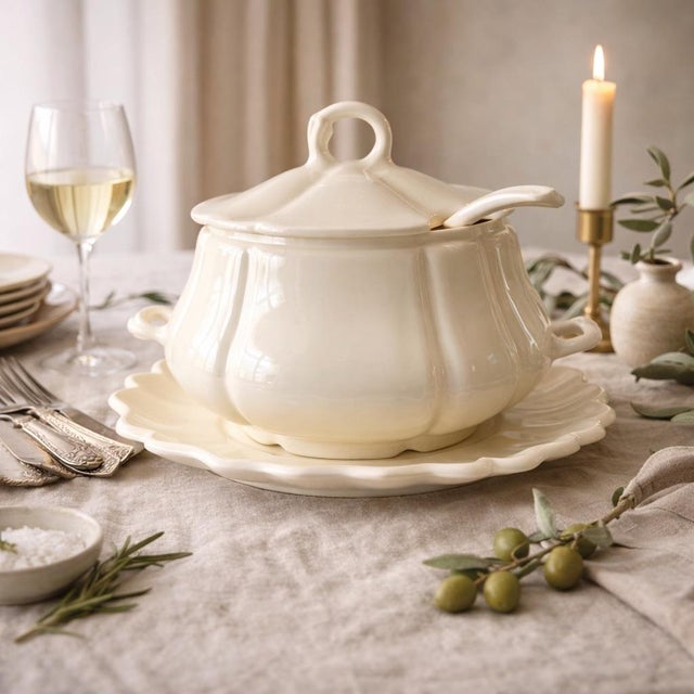 A beautifully sculptural vintage California Pottery tureen set in a soft ivory glaze, complete with its original ladle and...