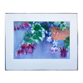1980s "Hanging Fuchsia Flowers" Botanical Still Life Watercolor Painting by Rose Sloan, Framed For Sale