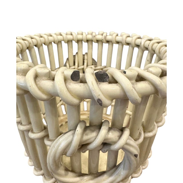 Ivory Vintage English Creamware Ivory Woven / Open Weave Reticulated Basket / Basketweave Ring Handled Jardiniere / Cache Pot / Cachepot / Planter For Sale - Image 8 of 11